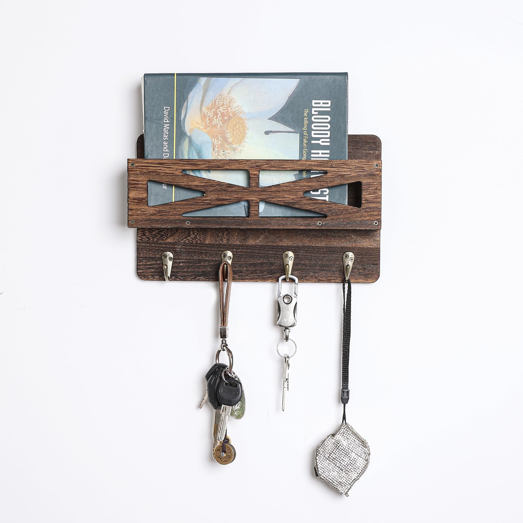 Zisoue Key Holder for Wall, Key Hooks for Wall with Mail Organizer, Wooden Key Rack Organizer with 4 Hooks, Key Holder Wall Mount for Bags, Coats, Umbrella, Dog Leash, Sunglasses, Brown