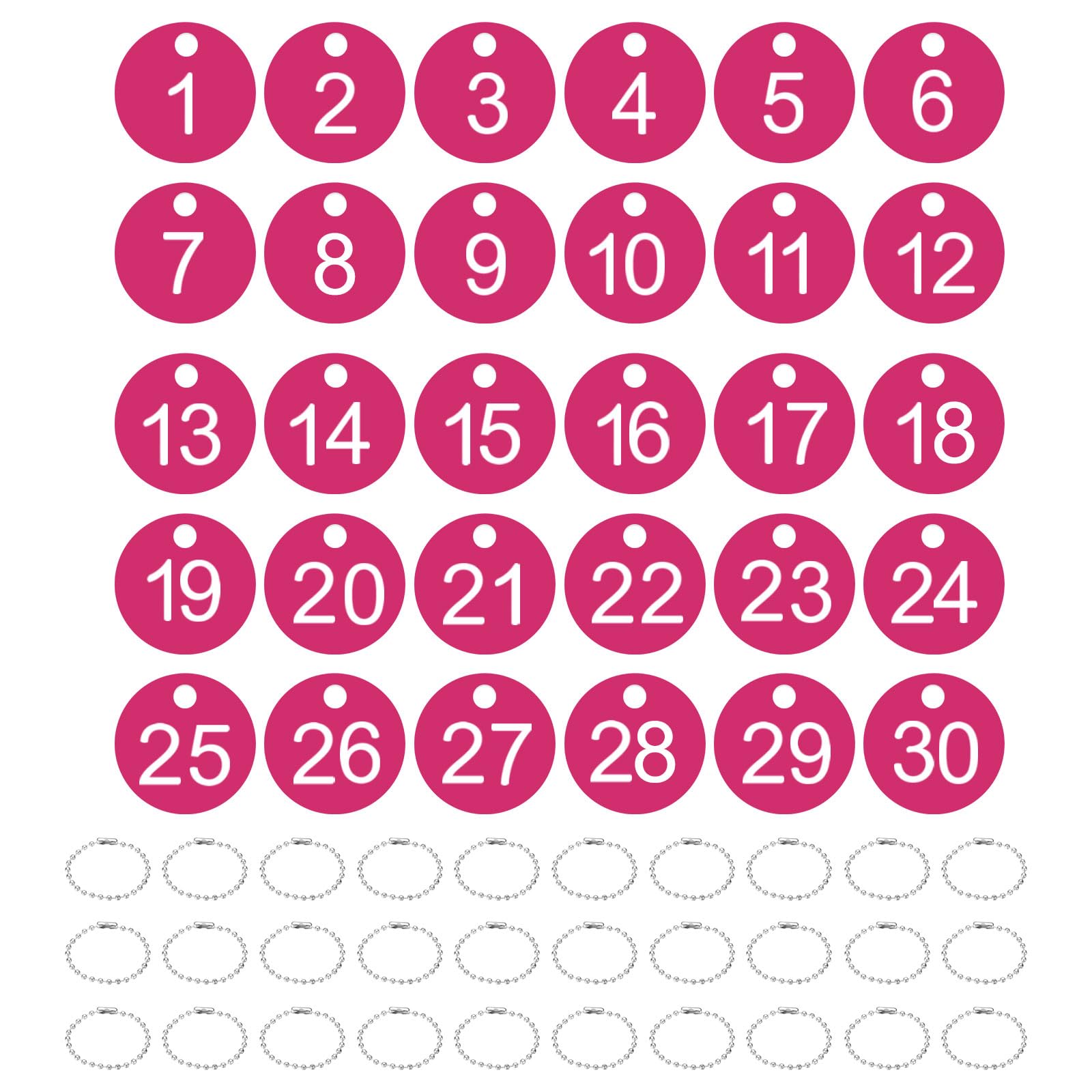PATIKIL 1-30 Number Tags, 30Pcs Round ID Number Key Tags Plastic Numbered Keychain with Key Rings for Luggage Lockers Organizer Field Sales Hangers Clothes Labels, White-Rose Red