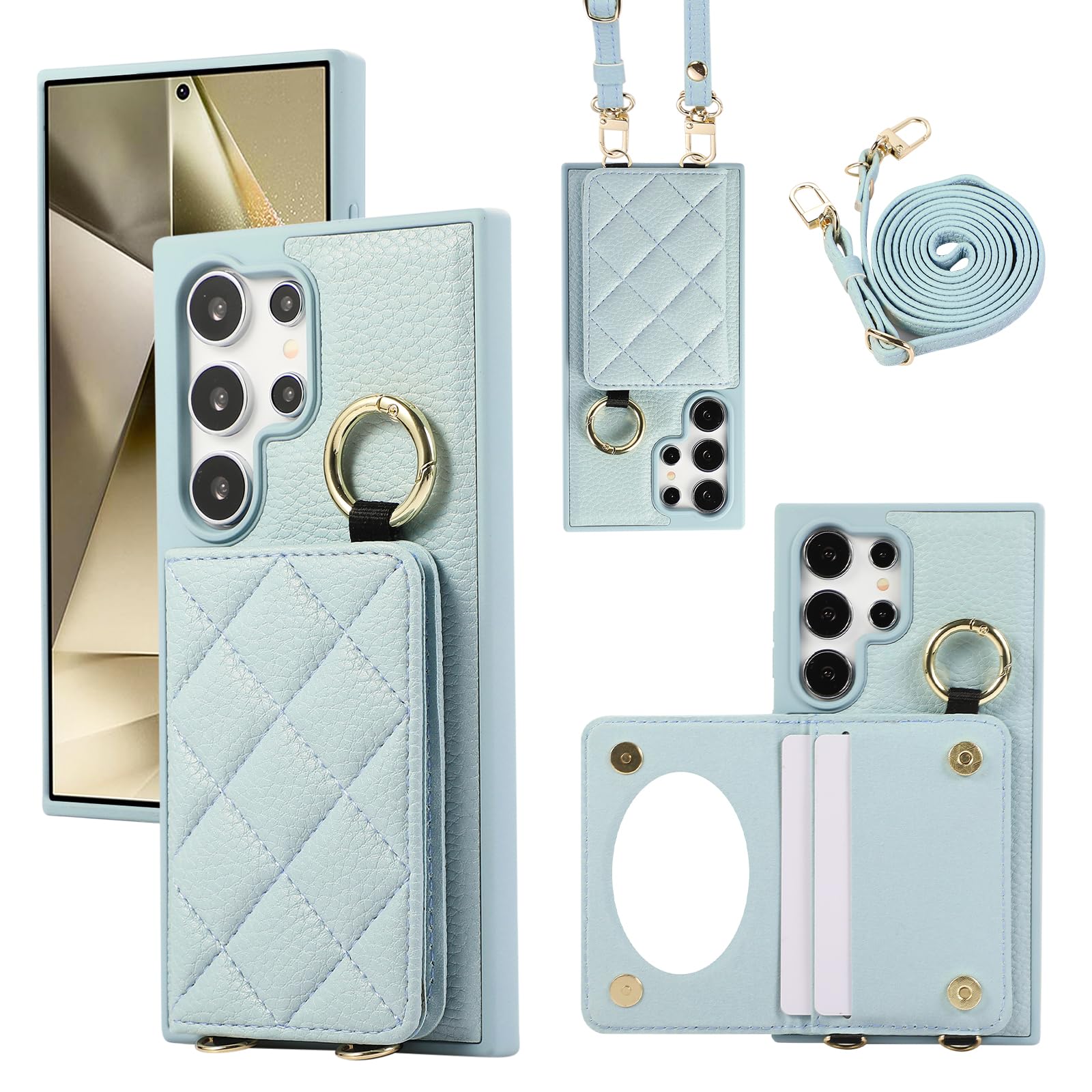 YDIJCYAN Handyhülle für Samsung Galaxy S25 Ultra Hülle mit Band+Ring+Schminkspiegel Stoßfest Handy Schutzhülle (Blauer)