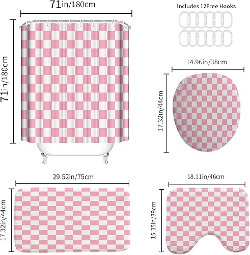 Miniatura 2 de Juego de 4 cortinas de ducha a cuadros, divertidos juegos de baño a cuadros, suaves y antideslizantes, cubierta de inodoro en forma de U, cortinas