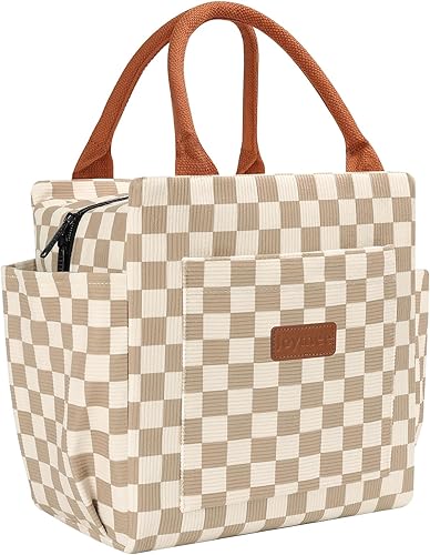 Joymee Lonchera térmica para mujeres, lonchera de pana a cuadros, reutilizable, a prueba de fugas, bolsa de almuerzo de gran capacidad para mujeres,