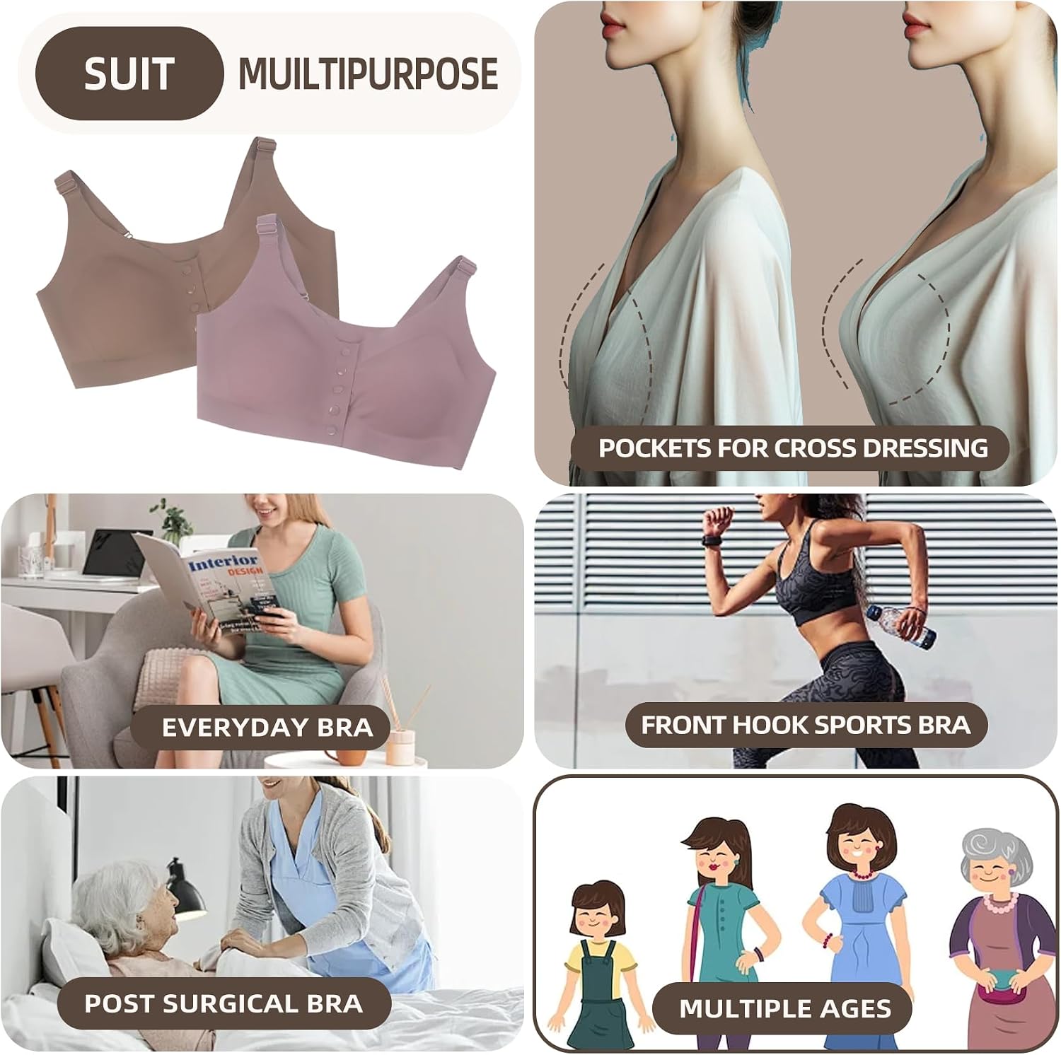 Mastectomy Bra with Pocket for Silicone Breast Form Front Closure with Adjustable Shoulder Straps