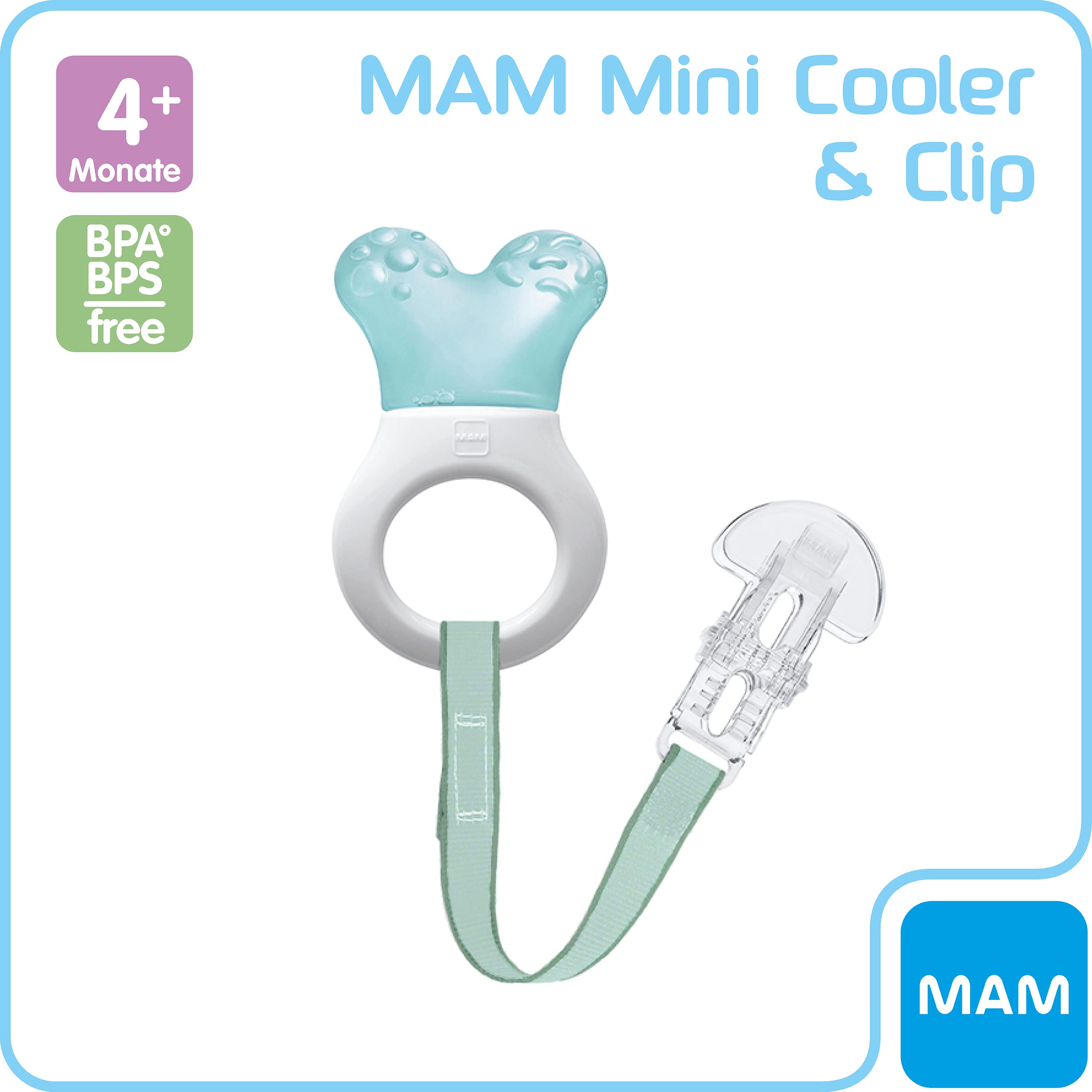 MAM Mini Cooler & Clib, chłodzący gryzak z klipsem do łatwego mocowania, bardzo mały i lekki gryzak dla niemowląt, od 2 miesięcy, turkusowy