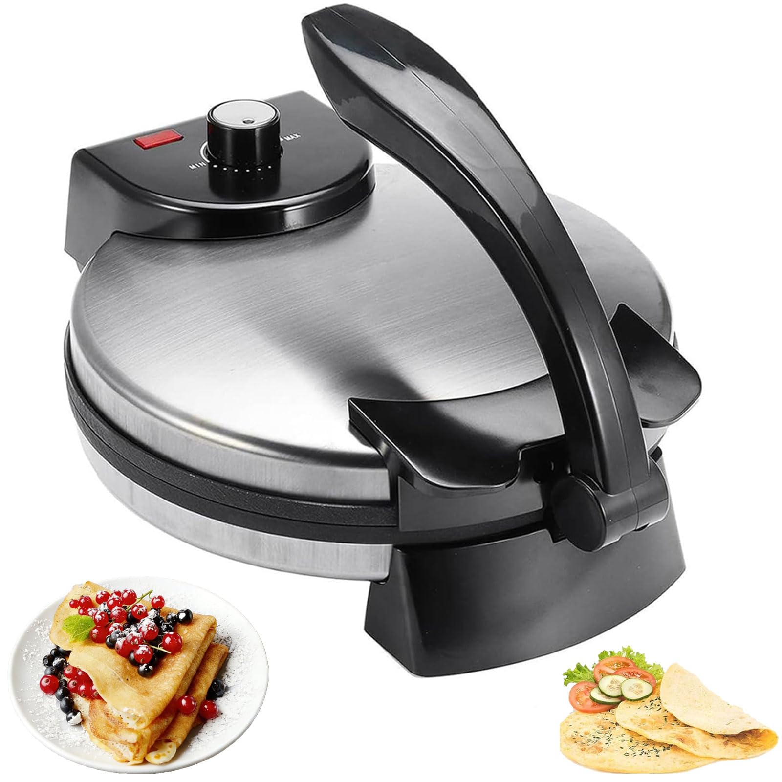 Eléctrica Roti Maker, 1500 W, bandeja antiadherente para hornear, temperatura ajustable, calefacción de doble cara, ideal para chapati, panqueques, crepes, pizza, pita