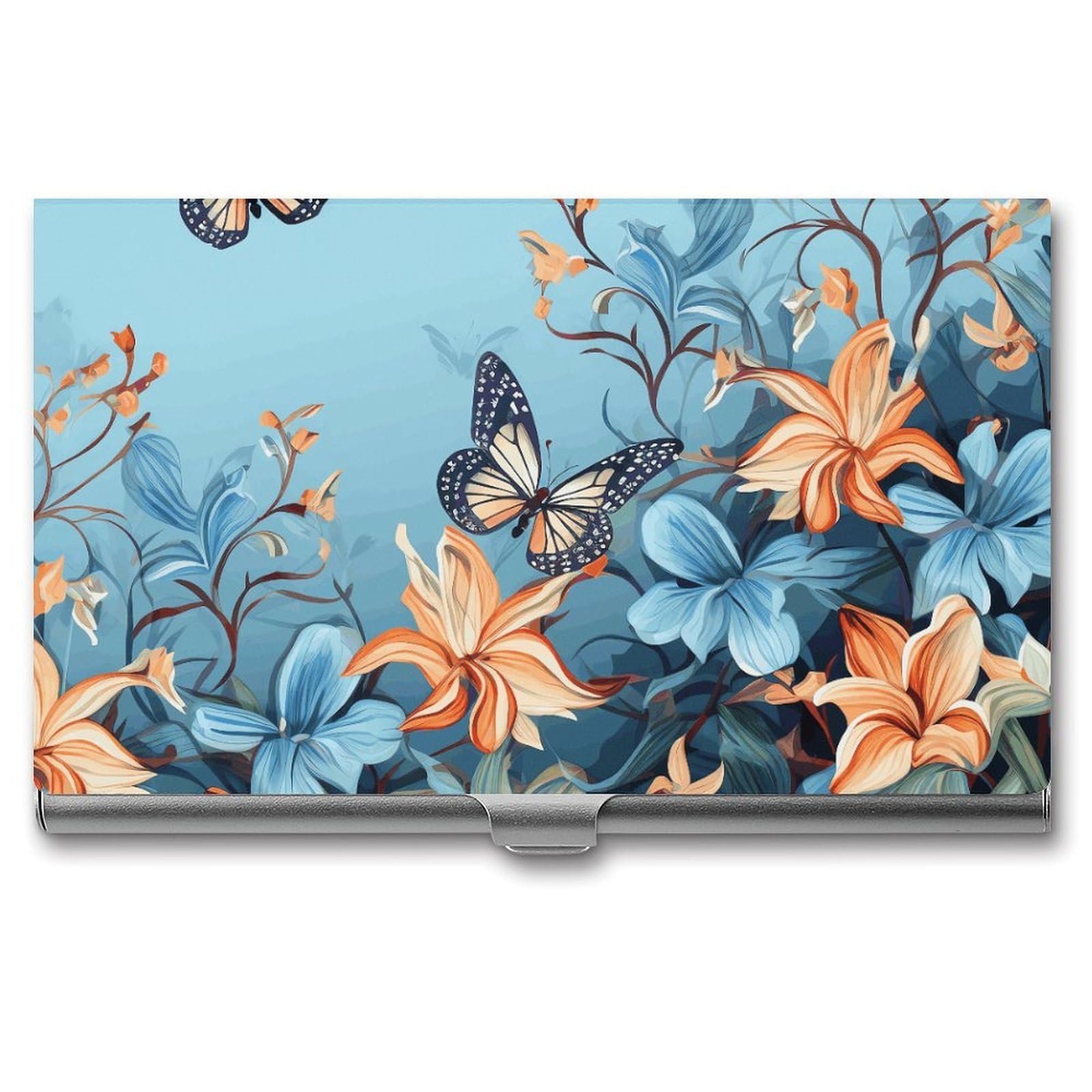 BTCOWZRV Blue Butterfly Floral Business Card Holder Metal Slim Business Card Case, Pocket Card Holder for Men Women Purse Name Card Holder Stainless Steel Wallet Credit ID Case for Office