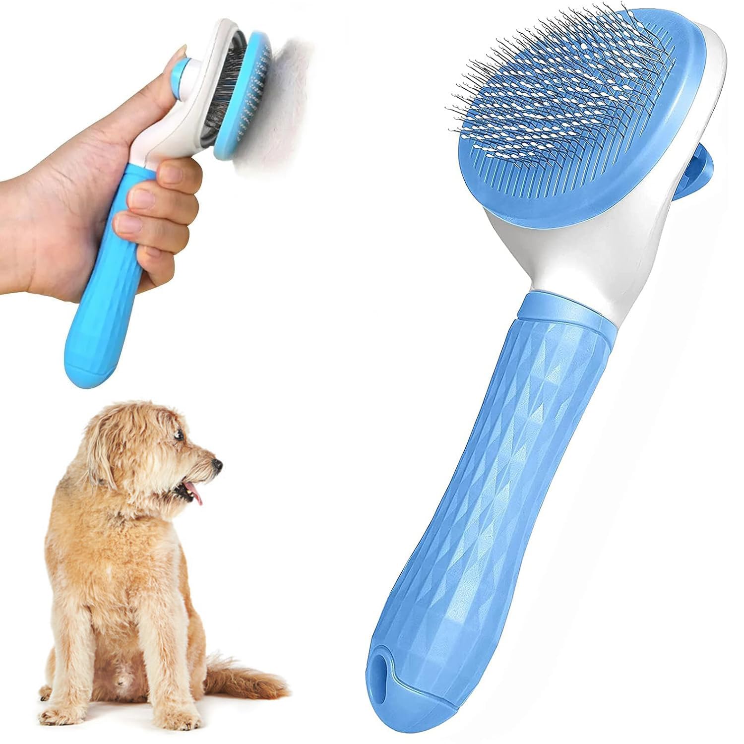 Dog Brush Grooming Comb Self Cleaning Slicker Brushes with Smooth handle Cat Grooming Tool with Cleaning Button for Shedding and Massage (Blue)