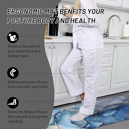 Miniatura 6 de Juego de 2 tapetes de cocina azules acolchados antifatiga, tapete de cocina de mármol abstracto, impermeable, antideslizante, tapete de cocina