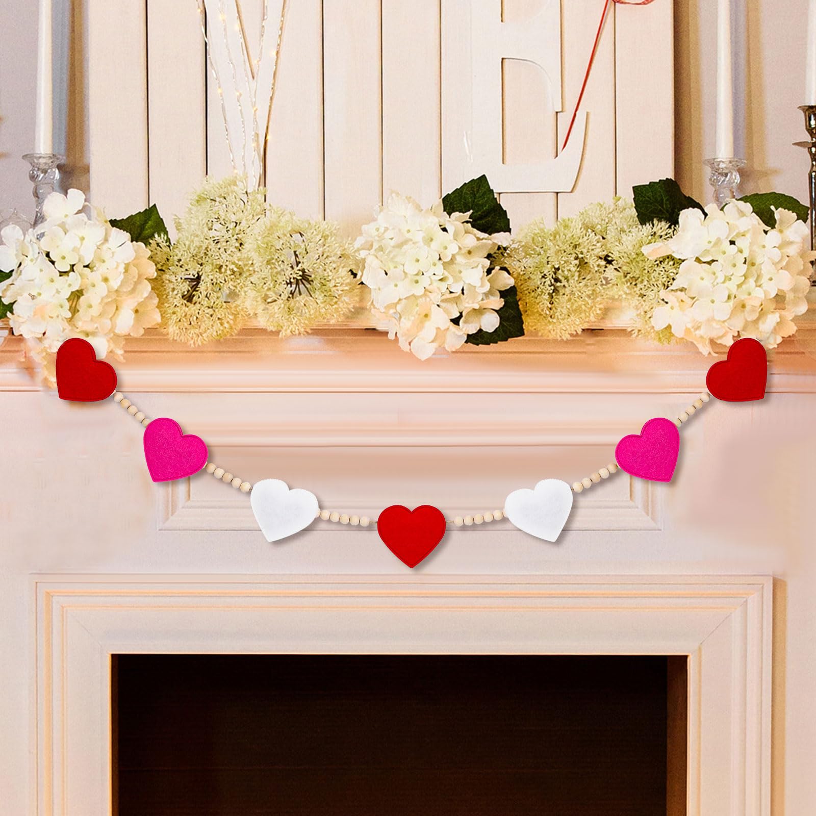 Valentine's Day Felt Garland Banner - Pink & Red Hearts With Wood Beads, Pre-Assembled, Rustic Farmhouse Decor (59 Inches) - View #5