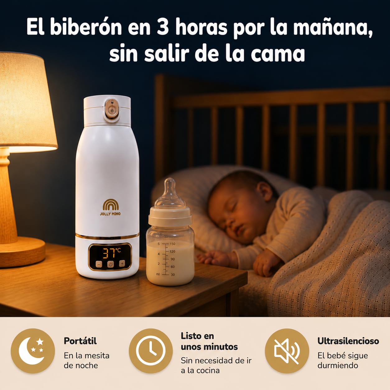 Calentador de Biberones Portátil Sin Cable 500ml, Agua y Leche Materna, Viaje/Coche/Noche, Cepillo Incluido, Diseño Dorado Premium Auto-Pasteurización
