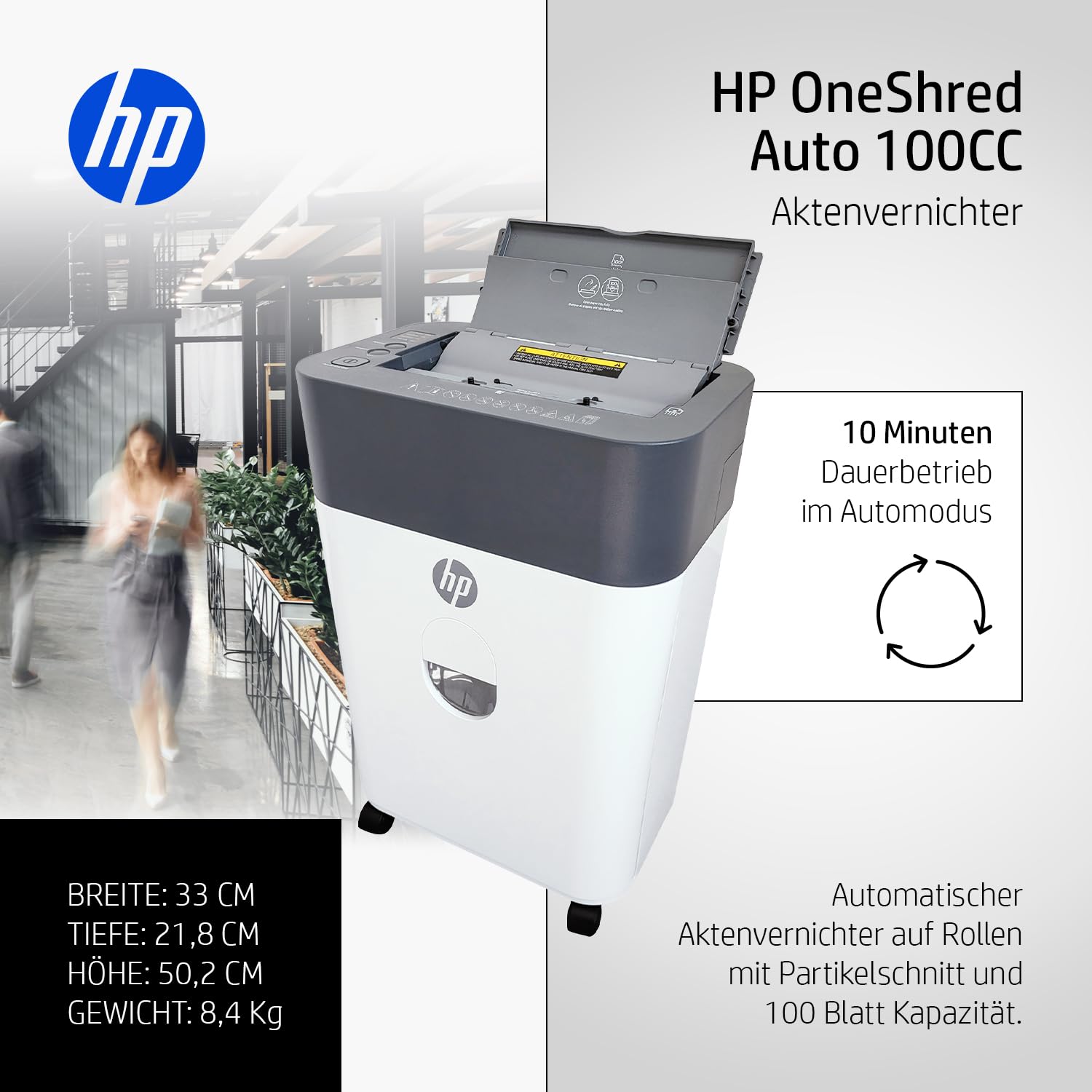 HP OneShred Auto 100CC Aktenvernichter P-4 | Papierschredder mit 100 Blatt Auto-Feed | Schredder Aktenvernichter Cross Cut | Shredder Papier 9 Blatt Manuell | Paper Shredder 17L | Aktenschredder