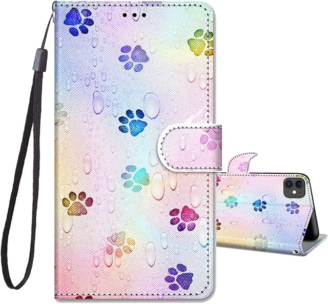 JRIANY for iPhone 12 Case/iPhone 12 Pro Case 6.1-inch, PU Leather Wallet Case with Card Holder Animal Pattern Cute Design Shockproof Cover Flip Case Compatible with Apple iPhone 12/12 Pro - Pawprint