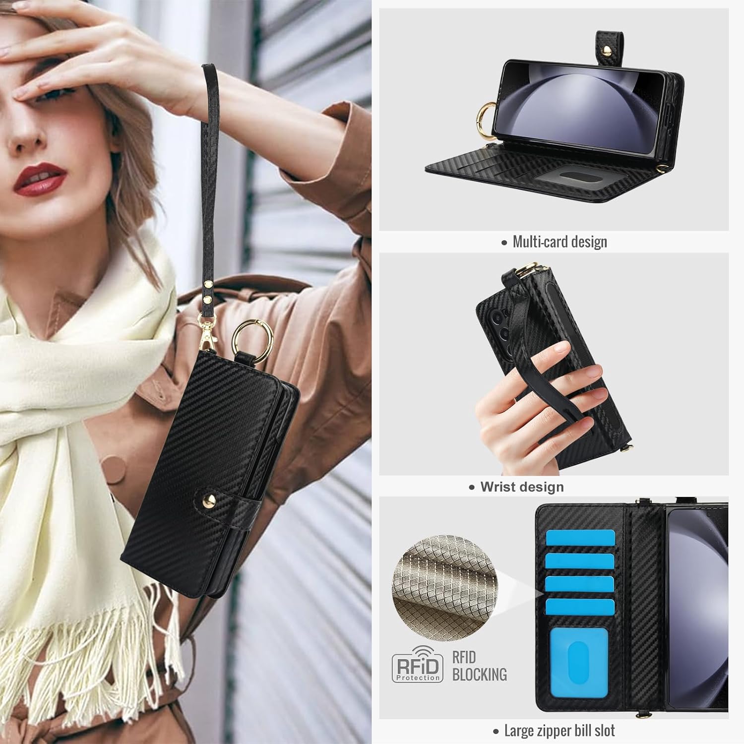 Asuwish Phone Case for Samsung Galaxy Z Fold 5 5G 2023 Wallet Cover with S Pen SPen Slot Credit Card Holder Stand RFID Blocking Slim Wrist Strap Cell ZFold5 Z5 G Fold5 5Z Women Men Carbon Fiber Black