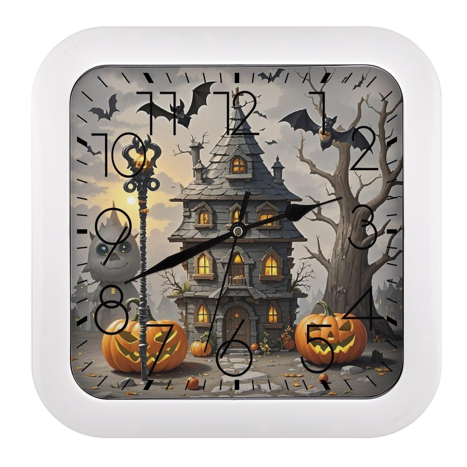 LZQPOEAS Pumpkin Haunted House Wall Clock Fashionable Versatile Silent Wall Clock Simple Elegant Non Ticking Analog Clocks Easy to Install Square Modern Clocks for Home Decoration