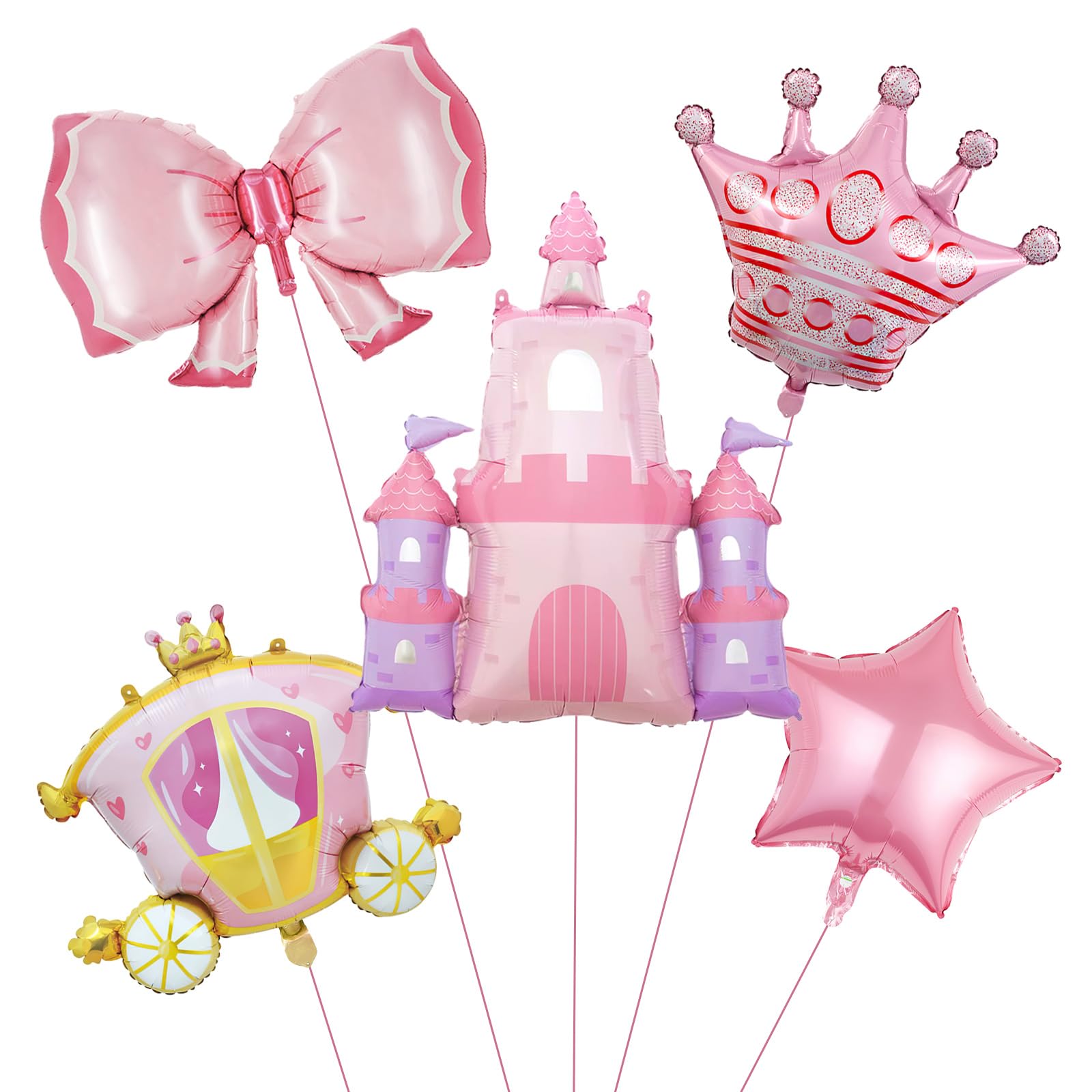 Princess Birthday Party Decorations,5Pcs Bow Castle Carriage Crown Cute Mylar Balloons for Princess Party Favors Baby Shower Once upon a Time Girl Birthday Decorations Room Decor
