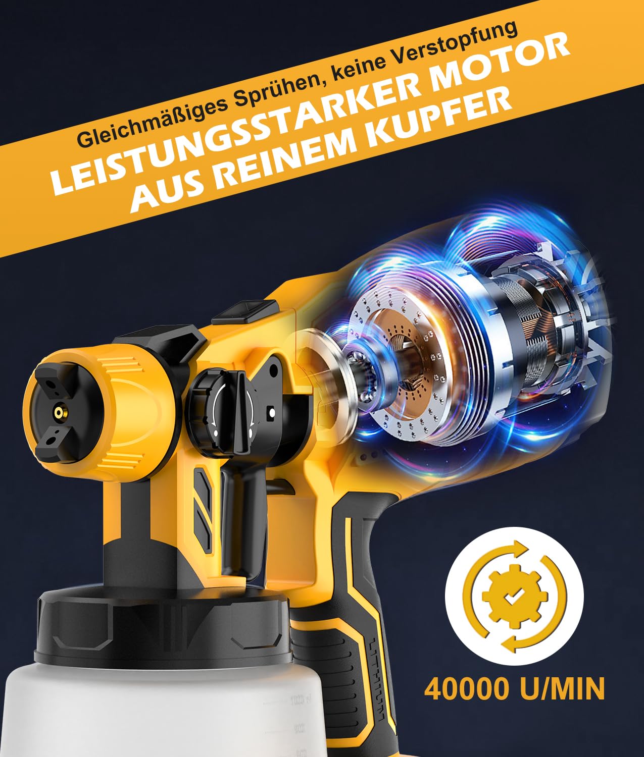 WADEO Farbsprühsystem HVLP 800W, Elektrisches Sprühgerät Farbsprühpistole mit 1000ML Behälter, 8 Düsen & 3 Sprühmuster,1000ML/Min Durchfluss verstellbar, für Zäune, Wände, Schränke, Renovierung