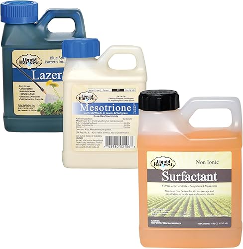 Liquid Harvest Lazer - Indicador de patrón de aerosol azul de 8 onzas, surfactante de 16 onzas y paquete de mesotrione de 8 onzas para un control