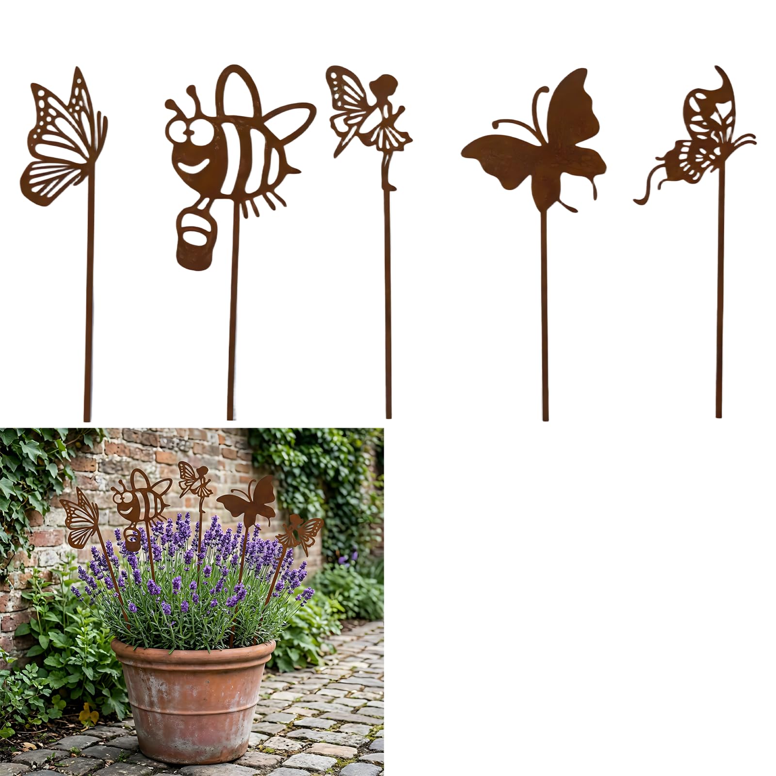 Vauxe 5PCS Outdoor Metal Garden Ornaments Rusty Garden Ornaments Decorative Garden Stakes Rustic Butterfly Bee Angel Pointed Tip 25cm for Yard Garden