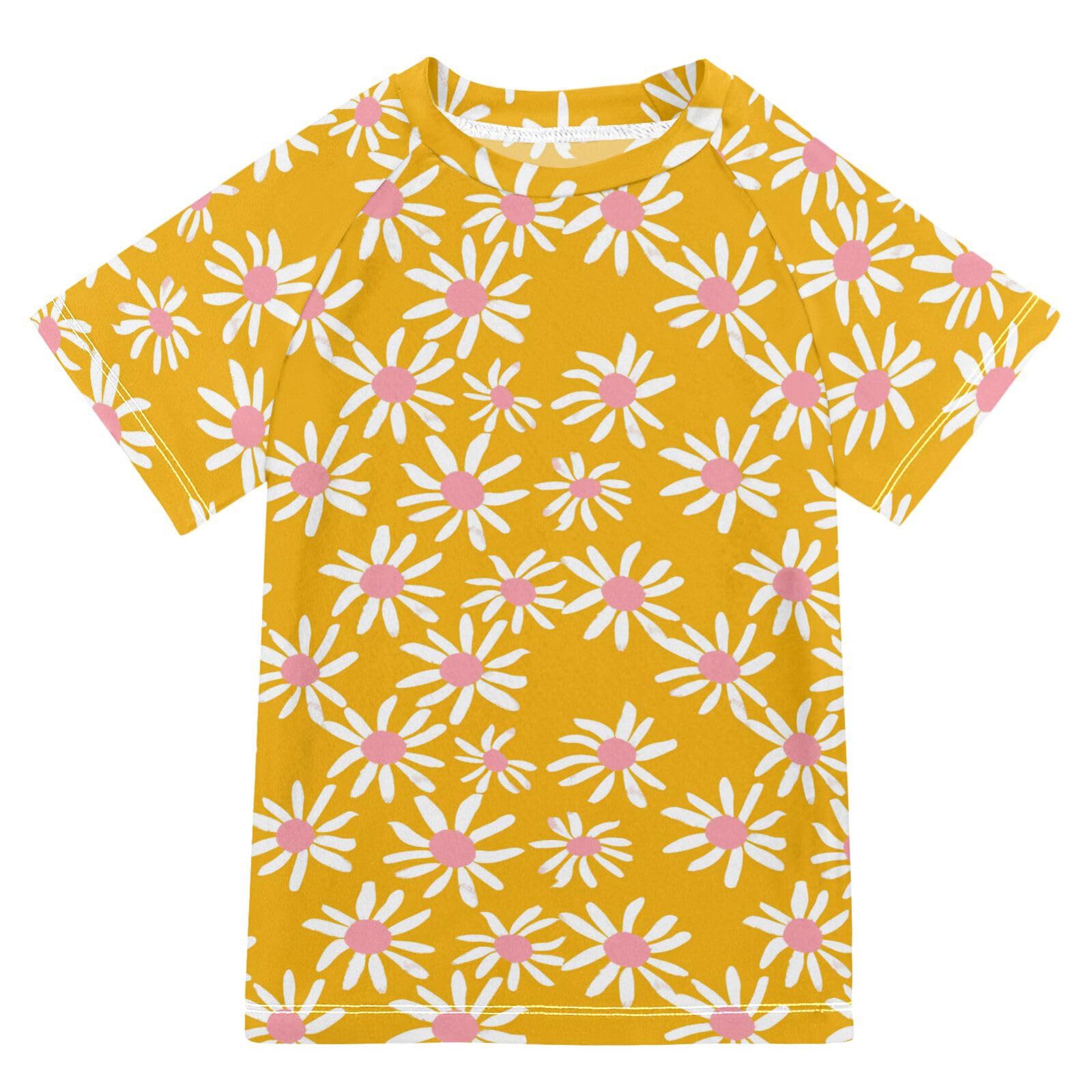Matching Bathing Suits for Kids Short Sleeve Childrens Bathing Suits 7T White Daisy Petals Yellow