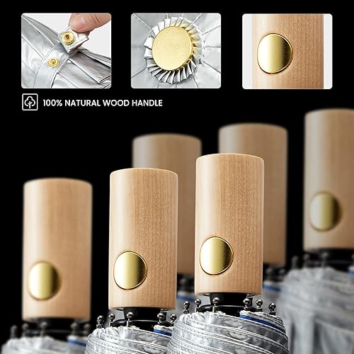 Miniatura 6 de G4Free Paraguas de viaje grande de 46 pulgadas con protección UV UPF 50+ con mango de madera, 12 varillas de fibra de vidrio, súper resistente al