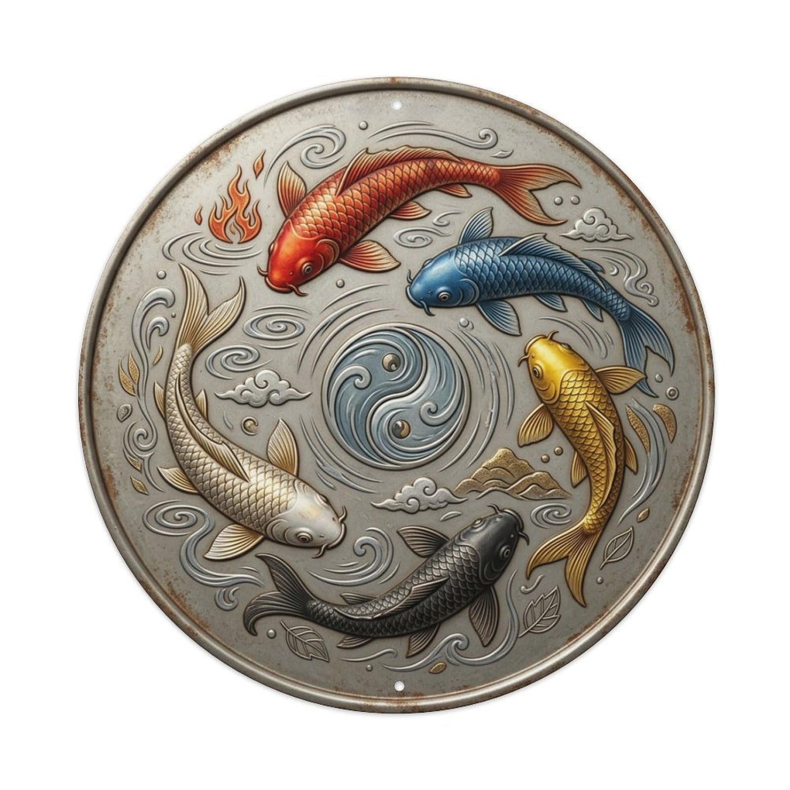 Five Elements Harmony Koi Fish Vintage Metal Tin Sign Plaque Wall Decor for Cafe, Club Bar, Office, Garden Metal Poster 8x8Inch