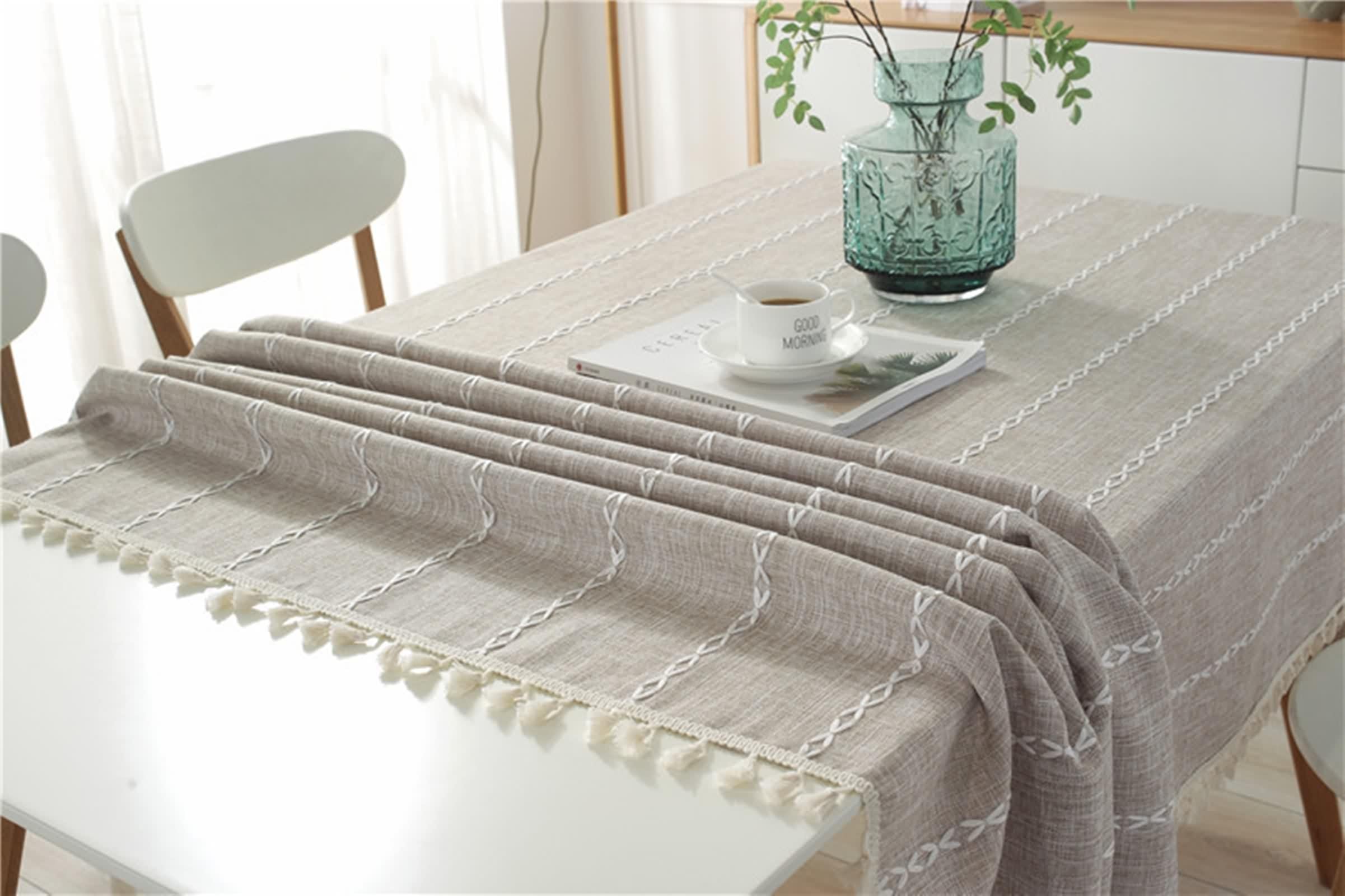 Tovaglia Tavolo Quadrato 90X90, Copri Tavolo Compleanno Caffè Leggero Cotone Lino Tinta Unita con Pizzo Decorativa per Soggiorno Cucina