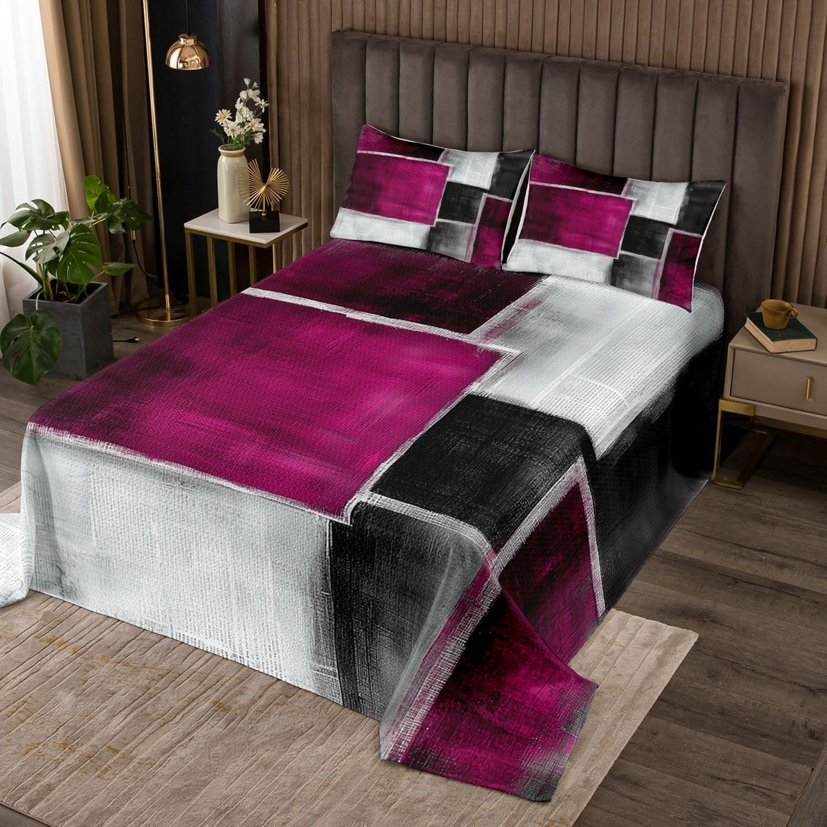 jejeloiu Purple Abstract Bedspread Queen Size Geometric Coverlet Set Quilted Coverlet for All Season with 2 Pillowcases Microfiber Lightweight