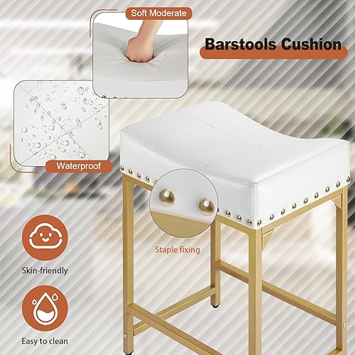 Miniatura 4 de Juego de 4 taburetes de bar de altura de mostrador, 24 pulgadas, modernos taburetes de mostrador blanco y dorado, juego de 4, taburetes para Blanco