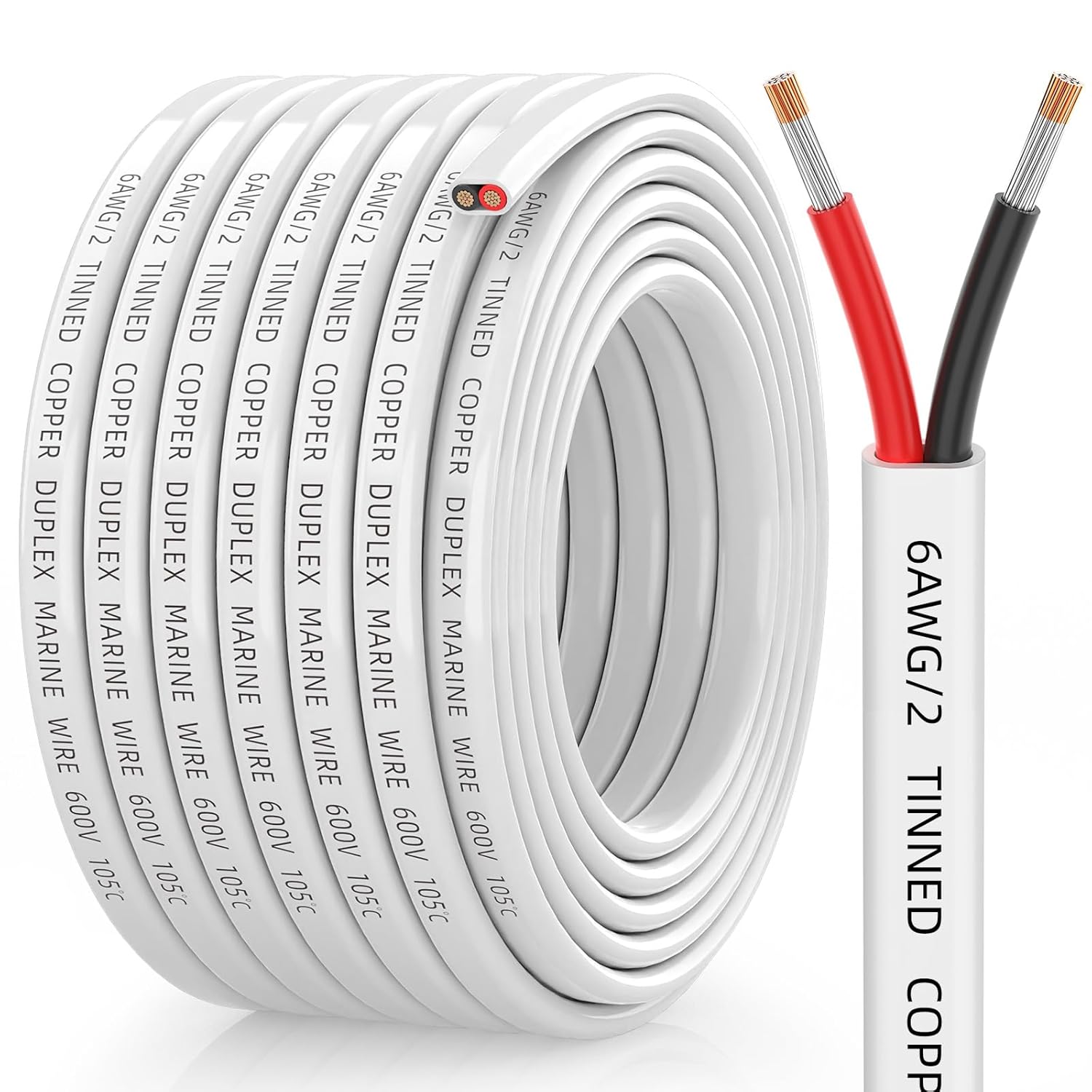 6 Gauge Marine Wire, 6/2 Duplex Marine Grade Cable, IP68 Waterproof/Oxygen-Free Tinned Copper Stranded PVC 6 AWG Wire for Boat, Automotive, RV, Solar, LED Strips (30FT)