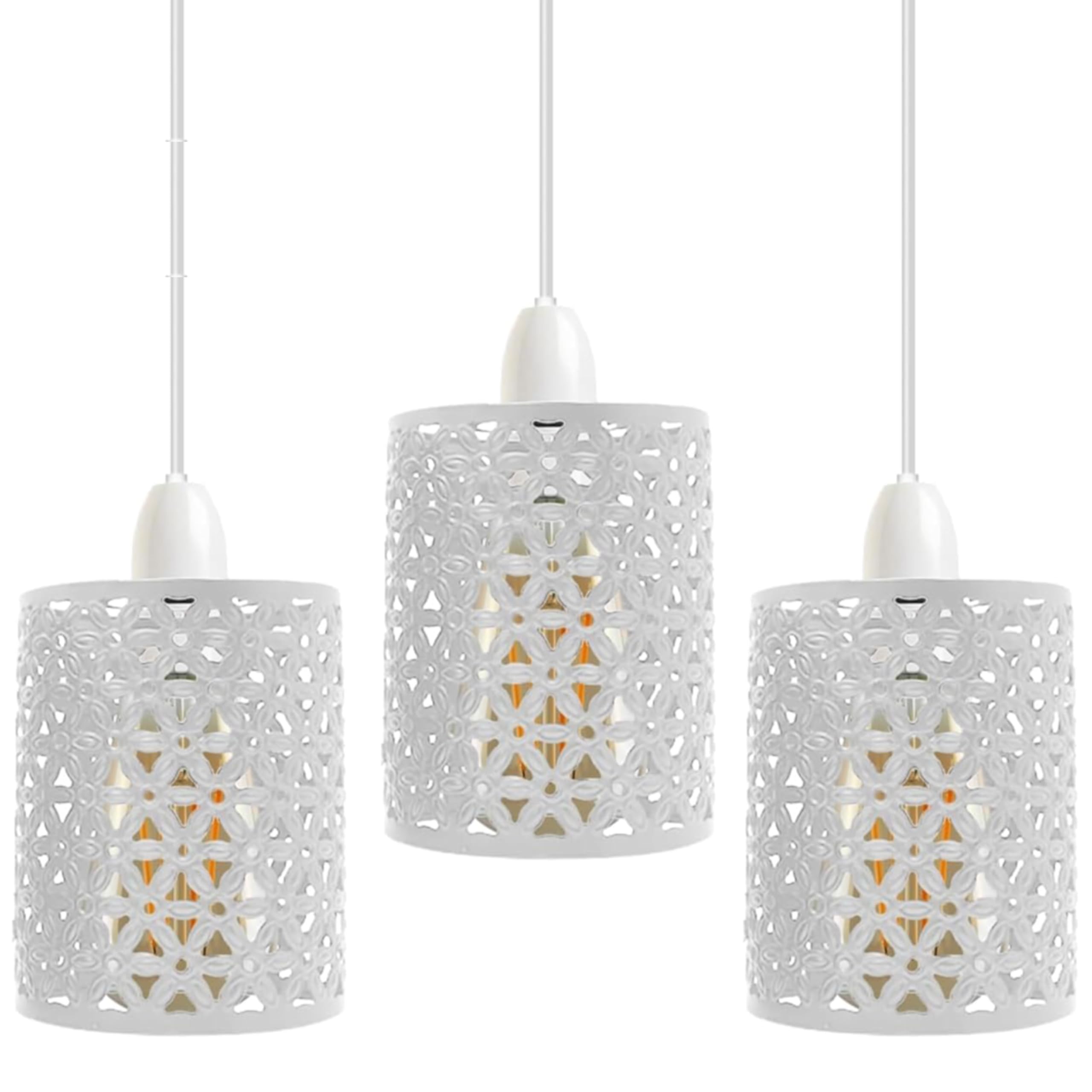 3 Pack of Unique Moroccan Designed White Metal Circular Pendant Light Shade with Floral Decor, 9.5cm Diameter Metal Drum Lampshade with Flower Pattern for Pendant Lamp