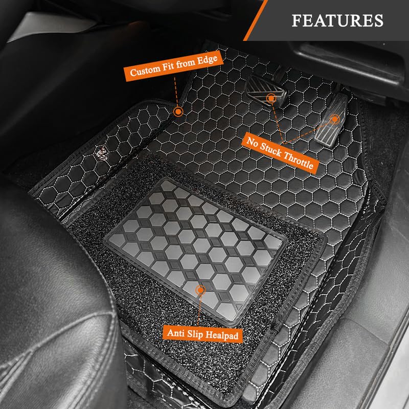 Image of 7D Car Foot Mat Compatible with Chevrolet Sail | Universal Fit, Luxury Leather Car Floor Mat with Detachable Curly Mat | Waterproof, Anti-Slip | Color: Black Silver