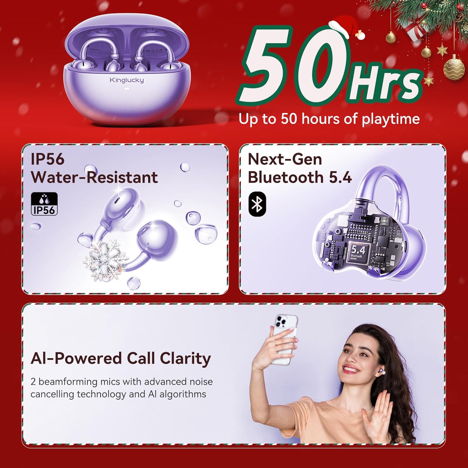 Kinglucky Snowflake Jewelry-Inspired Clip-On Earbuds, Open-Ear Bluetooth Wireless Headphones with Detachable Earrings, 50H Playtime & Comfortable Fit, Perfect for Women &Girls (Purple) - Image 6