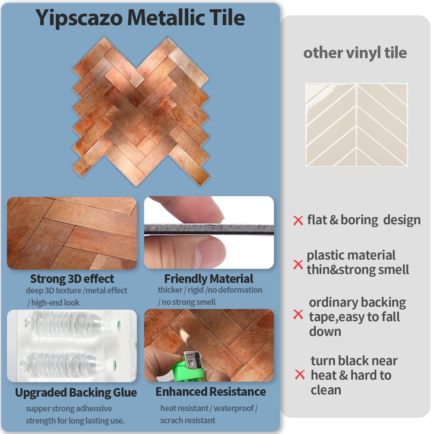 Yipscazo 10 Sheets Retro Copper Herringbone Peel and Stick Backsplash for Kitchen Walls,Heat Resistant Stick on Backsplash PVC Metal Tiles,Waterproof Peel and Stick Tile for Bathroom&Shower