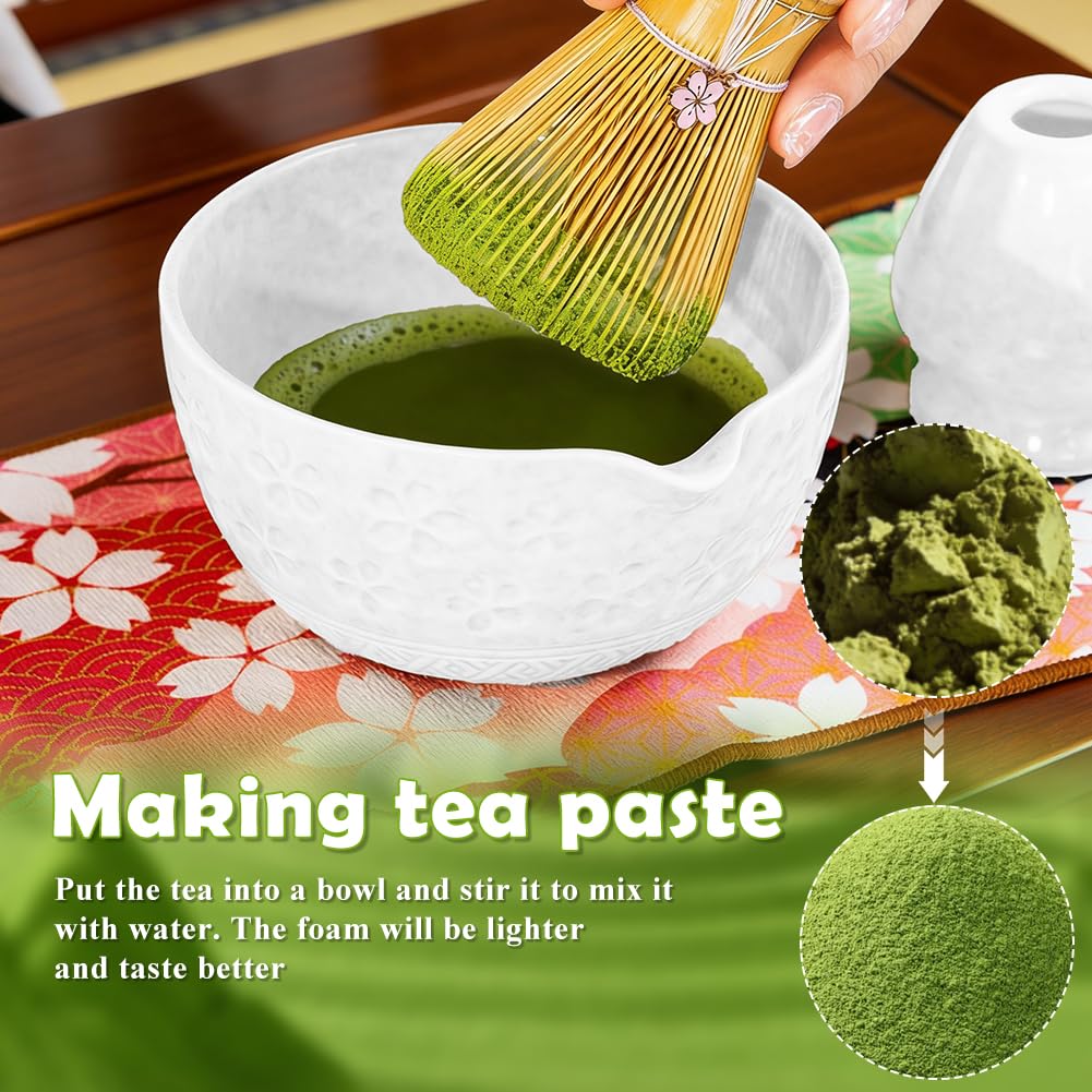 7 Stück Matcha Set, Matcha Besen Set, Matcha Besen und Besenhalter, Matcha Schale mit Auslauf, Sieb, Löffel und Halter, Japanisches Matcha Tee Set für Matcha-Liebhaber (Weiß)