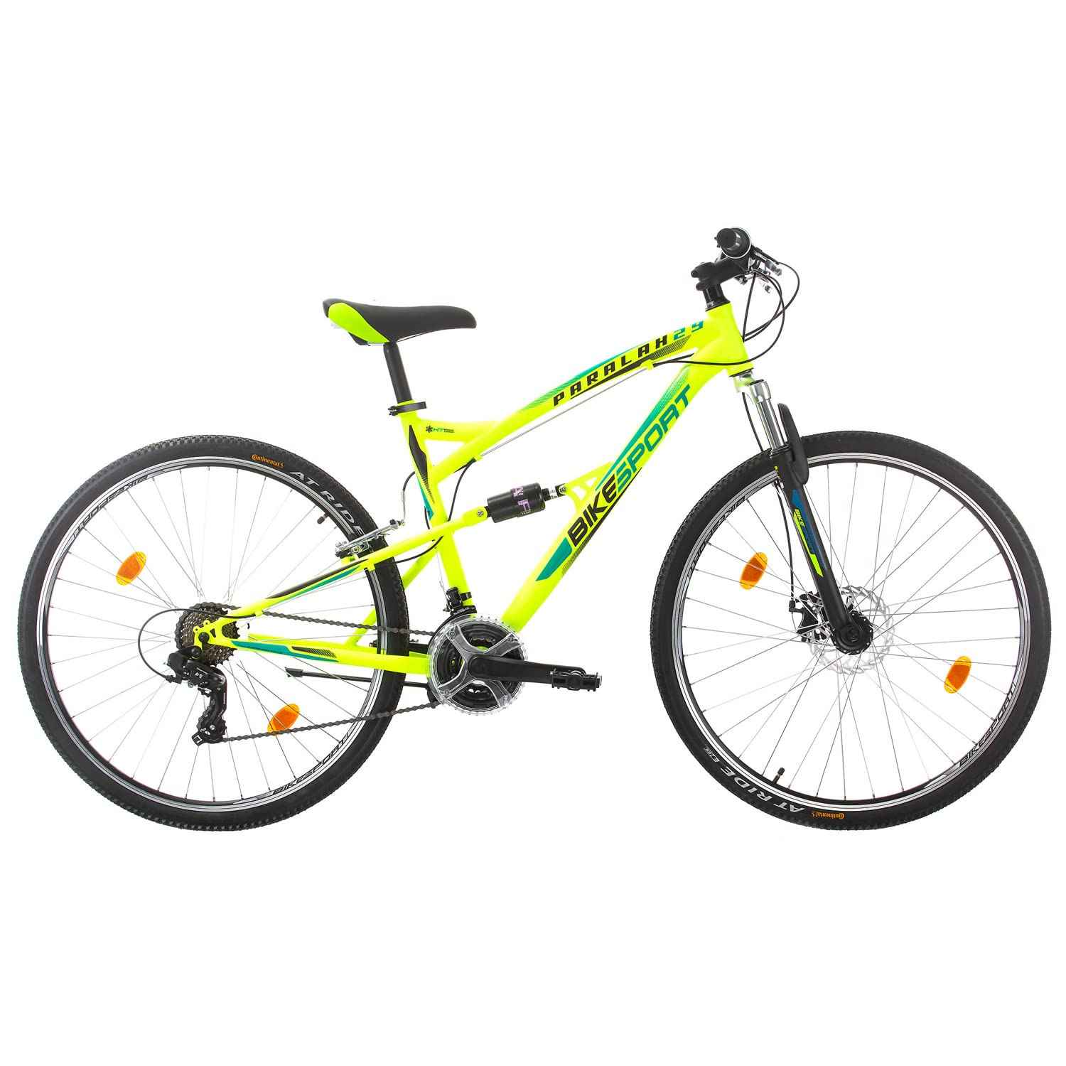 Bikesport Parallax 29 Pouces Vélo de Montagne Double Suspension Cadre en Acier Frein à Disque Avant Shimano 21 Vitesses (Néon Vert)