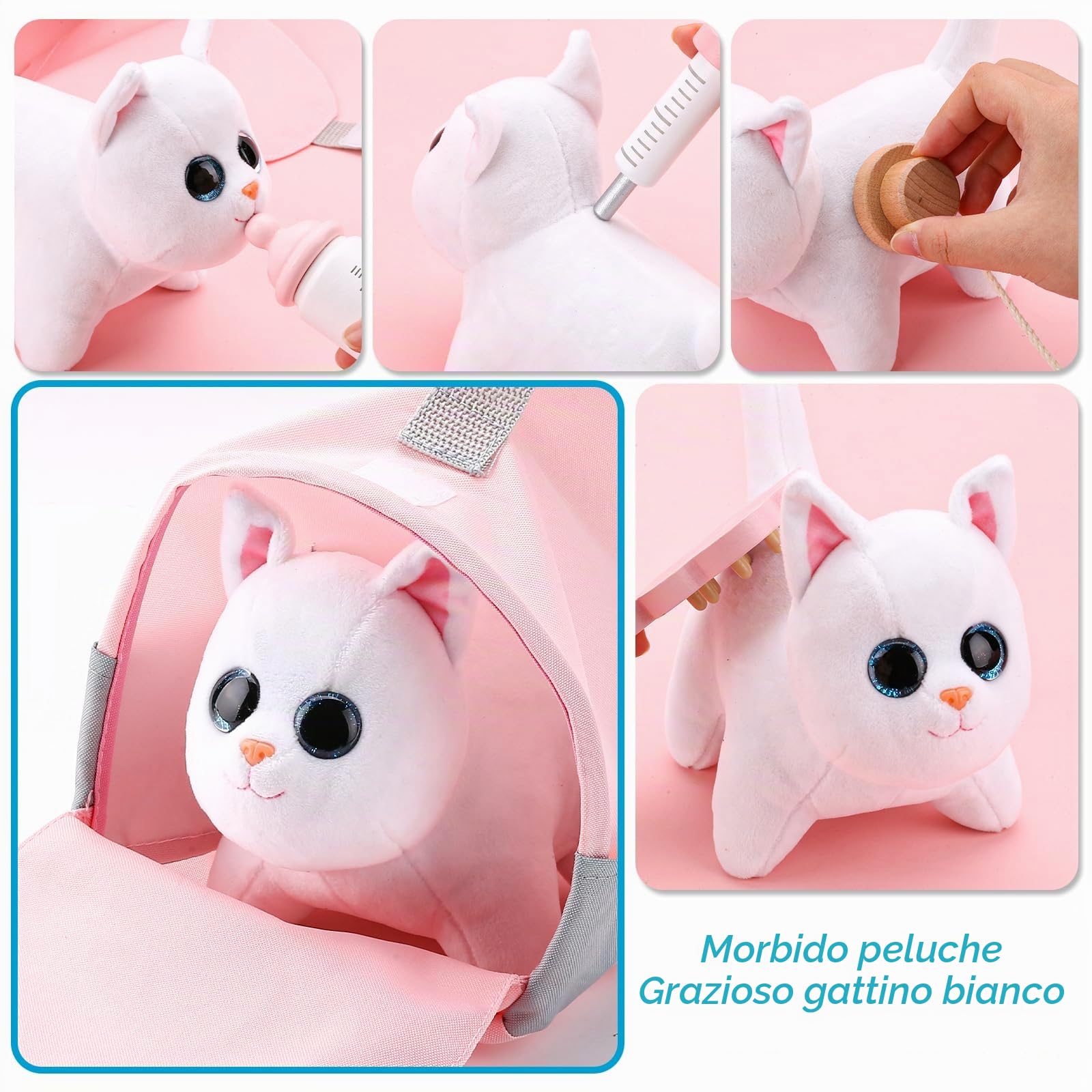 UMU® 37 giocattoli veterinari in legno per bambini con gatto in peluche, stetoscopio, misuratore di pressione sanguigna ecc. Giocattolo veterinario per bambini e ragazze di 3, 4, 5 anni