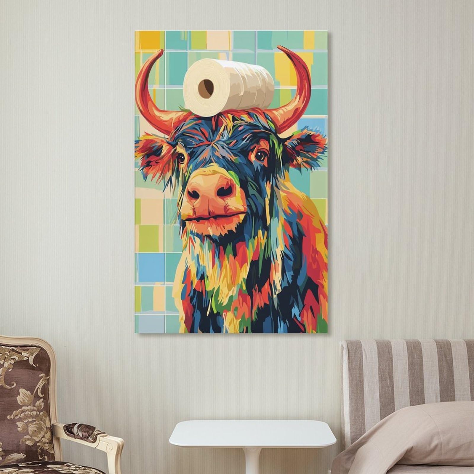 Junmoney Kunstdruck Auf Leinwand Colorful Cow with Toilet Paper Hat, 16x24inch(40x60cm), Für Wohnzimmer, Flur Oder Schlafzimmer, Leinwandbild Für Harmonische Raumwirkung