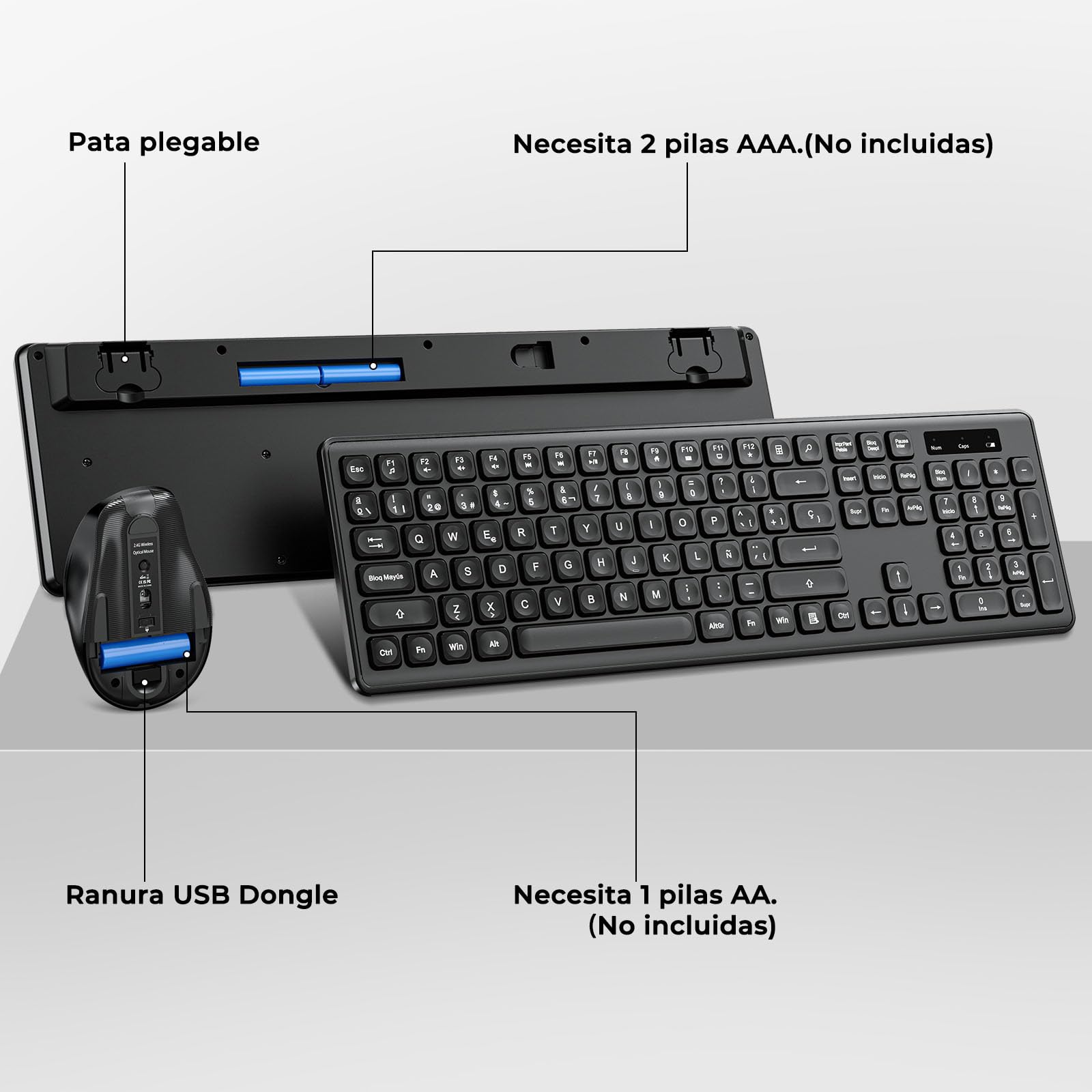 PINKCAT Teclado y Raton Inalámbrico,Botones Silenciosos, Español QWERTY,Tamaño Completo con Teclado Numérico,Ratón y Teclado Inalámbrico de 2.4 GHz per Windows,Mac,PC,Ordenador Portátil (Negro)
