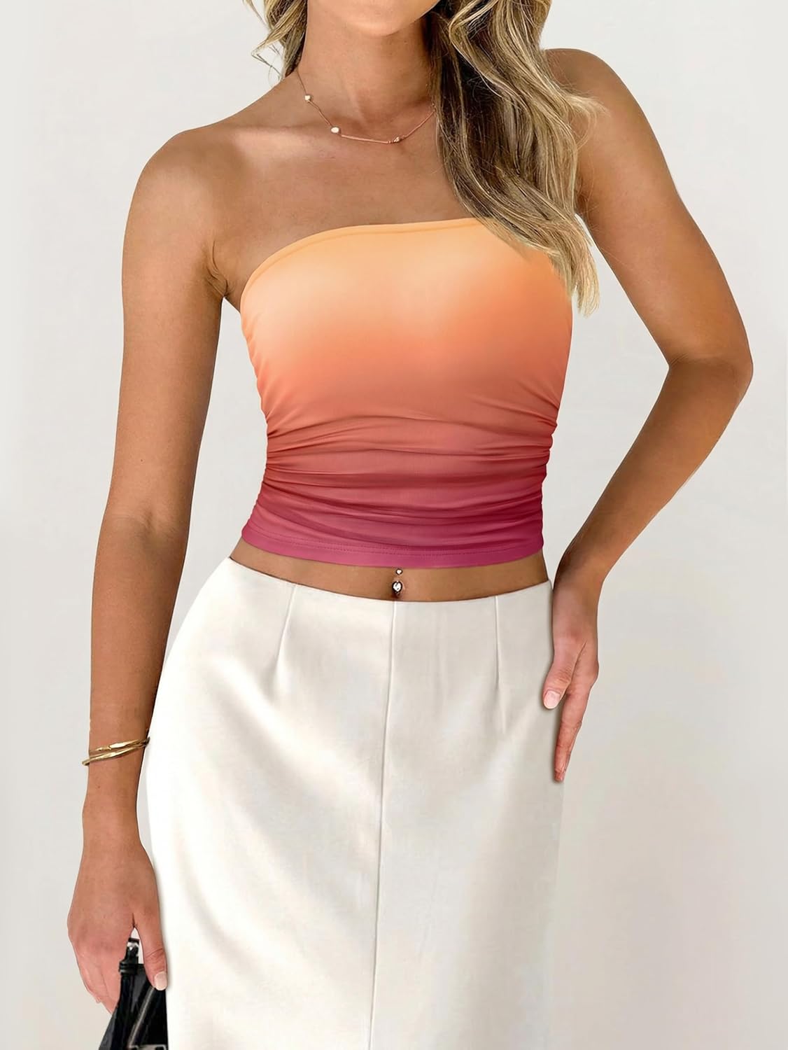 MASCOMODA Women Floral Tube Top Summer 2025 Cute Strapless Crop Mesh Going Out Tops Y2K Ruched Bandeau Beach Vacation Clothes - Image 2