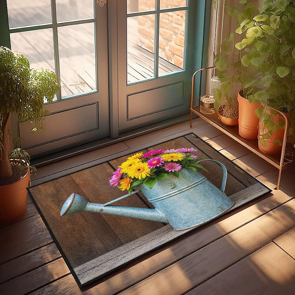 Paillasson d'été amusante décoration arrosoir en métal avec fleurs colorées