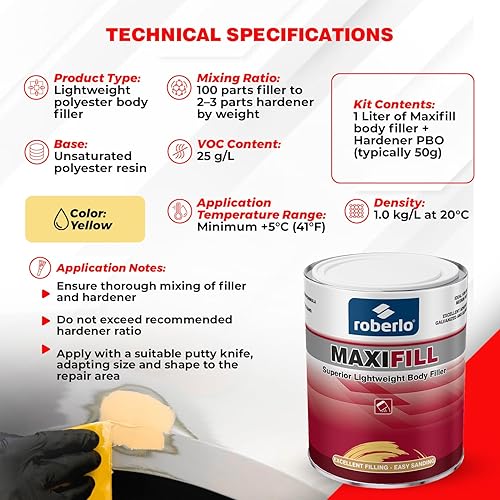 Miniatura 9 de Maxifill Superior Relleno de Carrocería Ligero - Fácil de Lijar, Ligero y Pintable para Reparaciones de Automóviles - Se Adhiere a Fibra de Vidrio,