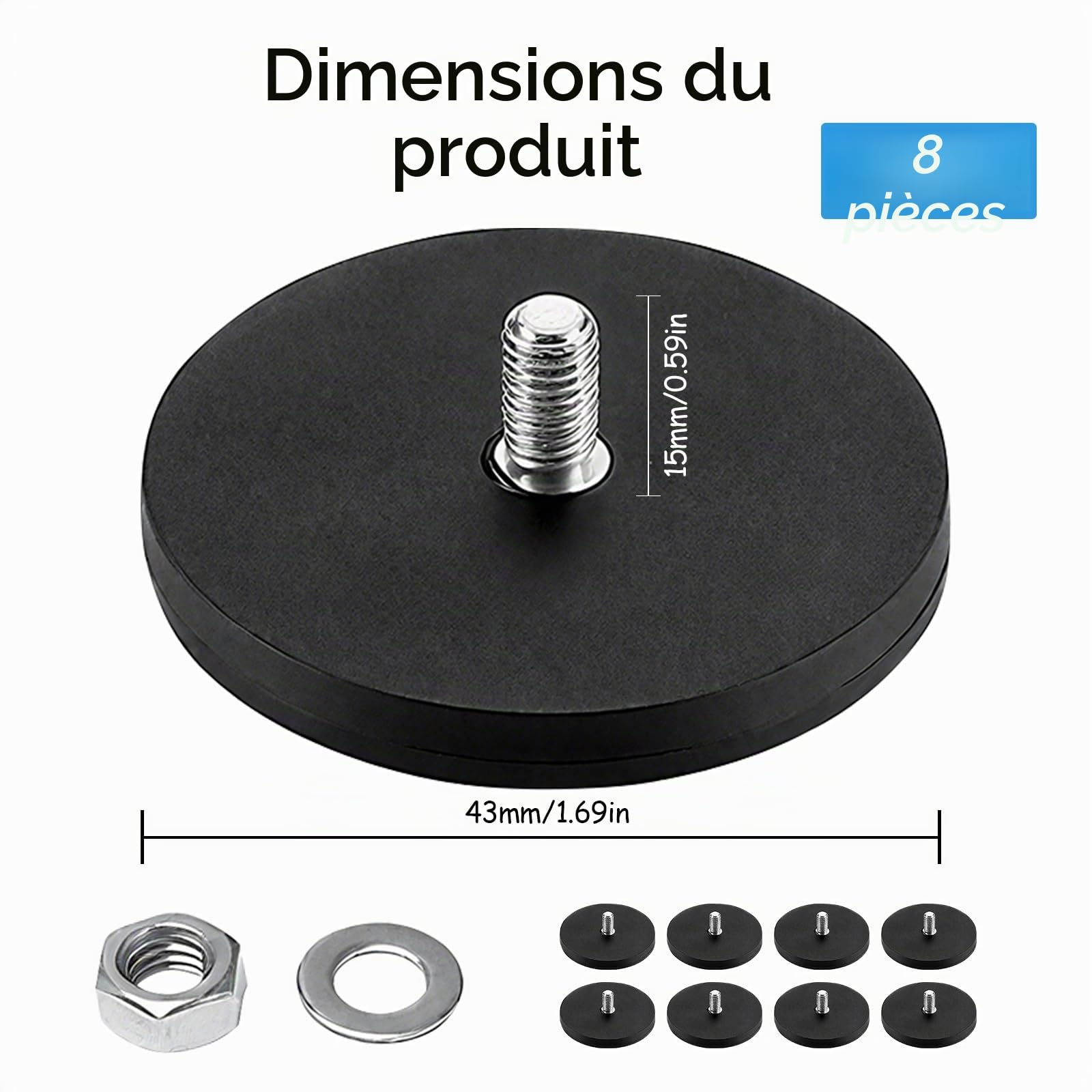 8 Pièces Aimants en Néodyme Caoutchouté, Ø43mm avec Boulon Fileté Extérieur M6, Systèmes Magnétiques à Force d'Adhérence avec Revêtement Caoutchouté, Aimants Puissants d'Adhérence Jusqu'à 17kg