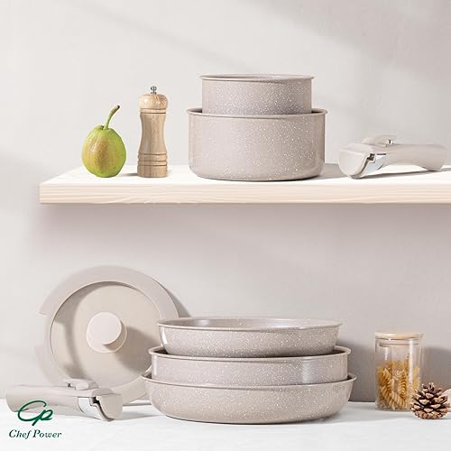 Miniatura 8 de Chef Power Juego de ollas y sartenes antiadherentes de cerámica de 19 piezas con mango desmontable, juego de utensilios de cocina apto para