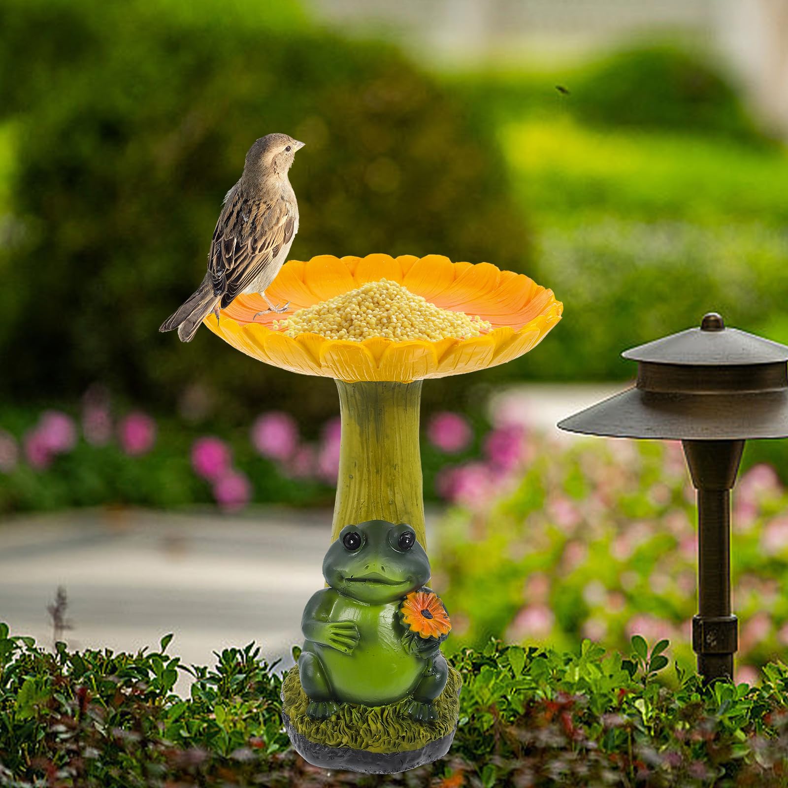 GLEAVI Baño para Pájaros de Resina Diseño de Girasol, Pequeño Comedero para Pájaros de Plataforma, Decoración Multifuncional para Jardín y Patio, Figura Decorativa Resistente