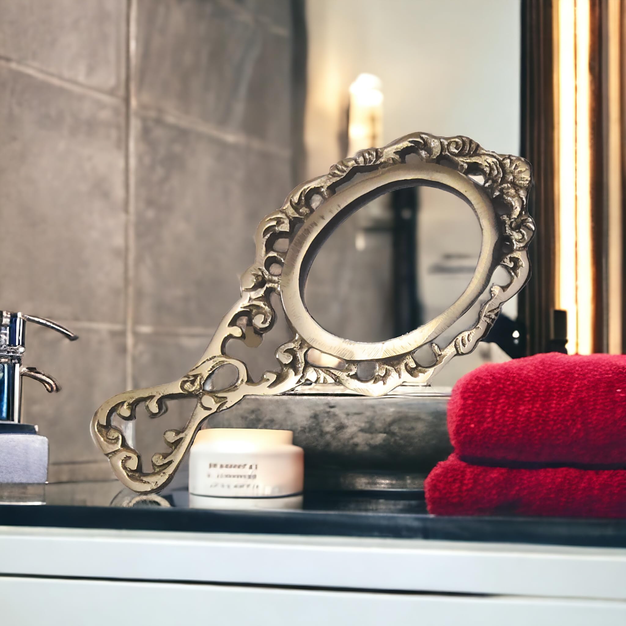 Brass Hand-held Mirror with Handle Vintage Compact Vanity, Makeup Mirror Pure Brass Mirror for Personal Makeup Vanity Portable Travel Mirror (Style-3)-image-31