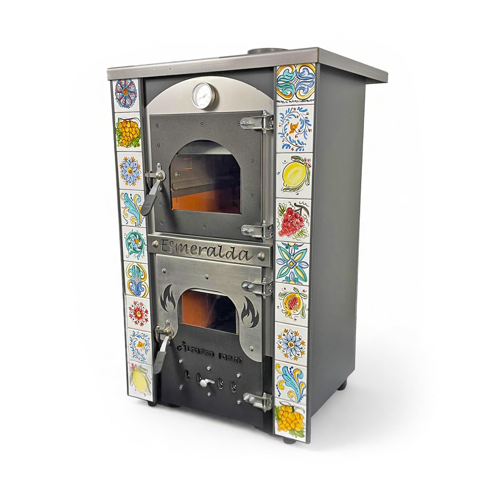 Stufa a Legna Con Forno - Esmeralda con Maioliche di Caltagirone - Potenza Riscaldamento 15 Kw, Stufa A Legna Economica In Acciaio Verniciato Antracite, Con Forno In Mattoni Refrattari, Made In Italy