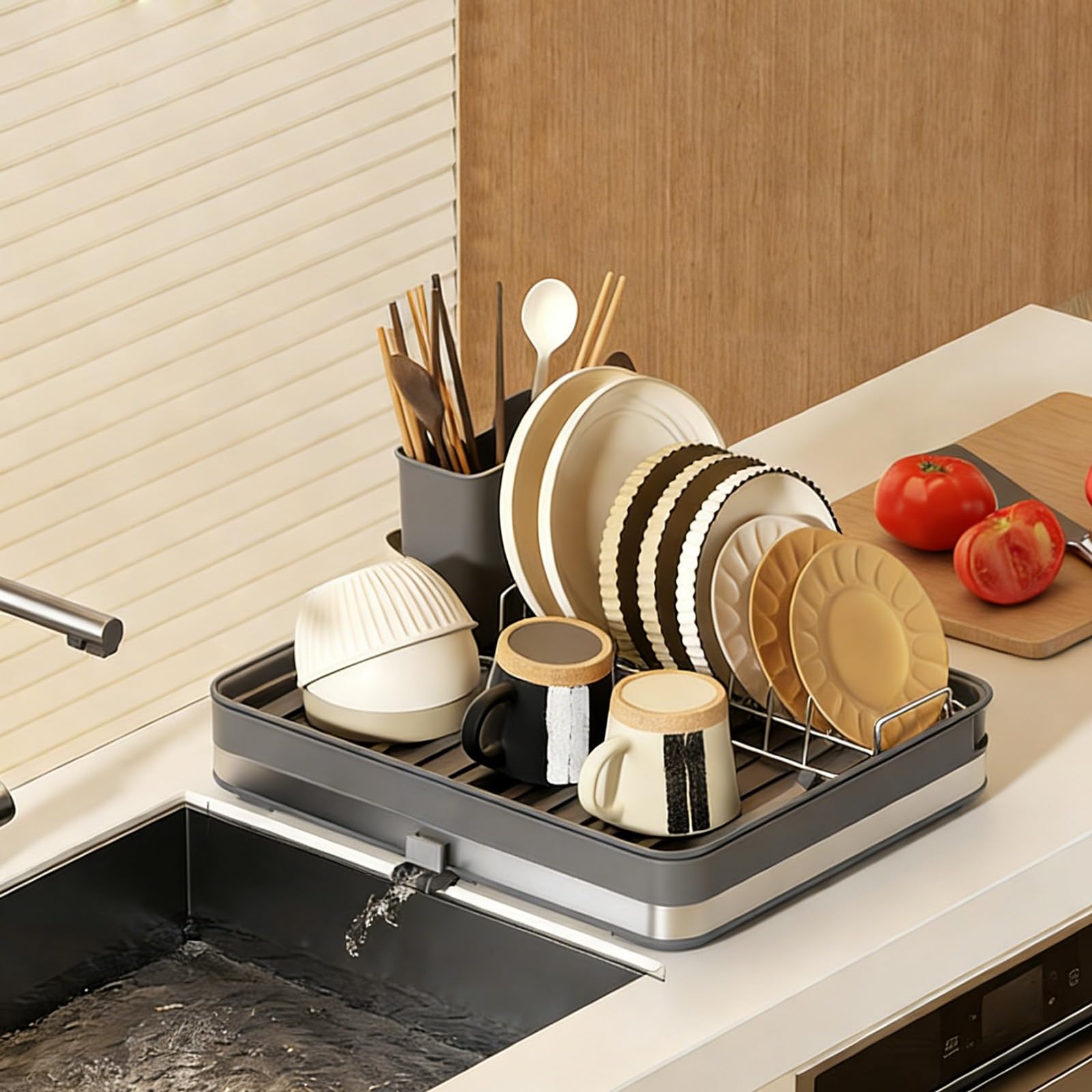 OvertheSink Abtropfgestell, erweiterbares Abtropfgestell aus Metall und Kunststoff, mit Abtropfschale, geteilter Sto für Küchentheke, Grau