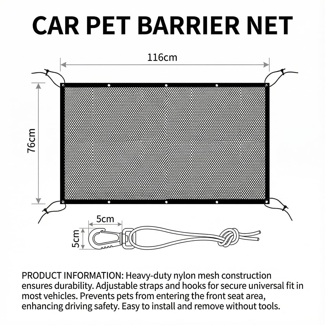 1 PCS Rete Auto per Cani con Corda Regolabile, Rete Divisoria Auto per Cani e Conducente, Barriera Auto per Cani e Animali Domestici (Nero)