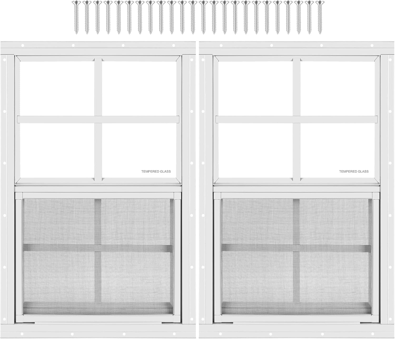 2 Pack Shed Window 12" W x 16" H, White Flush Mount Window with Tempered Glass and Removable Screen for Playhouses, Sheds, Garage and Chicken Coops