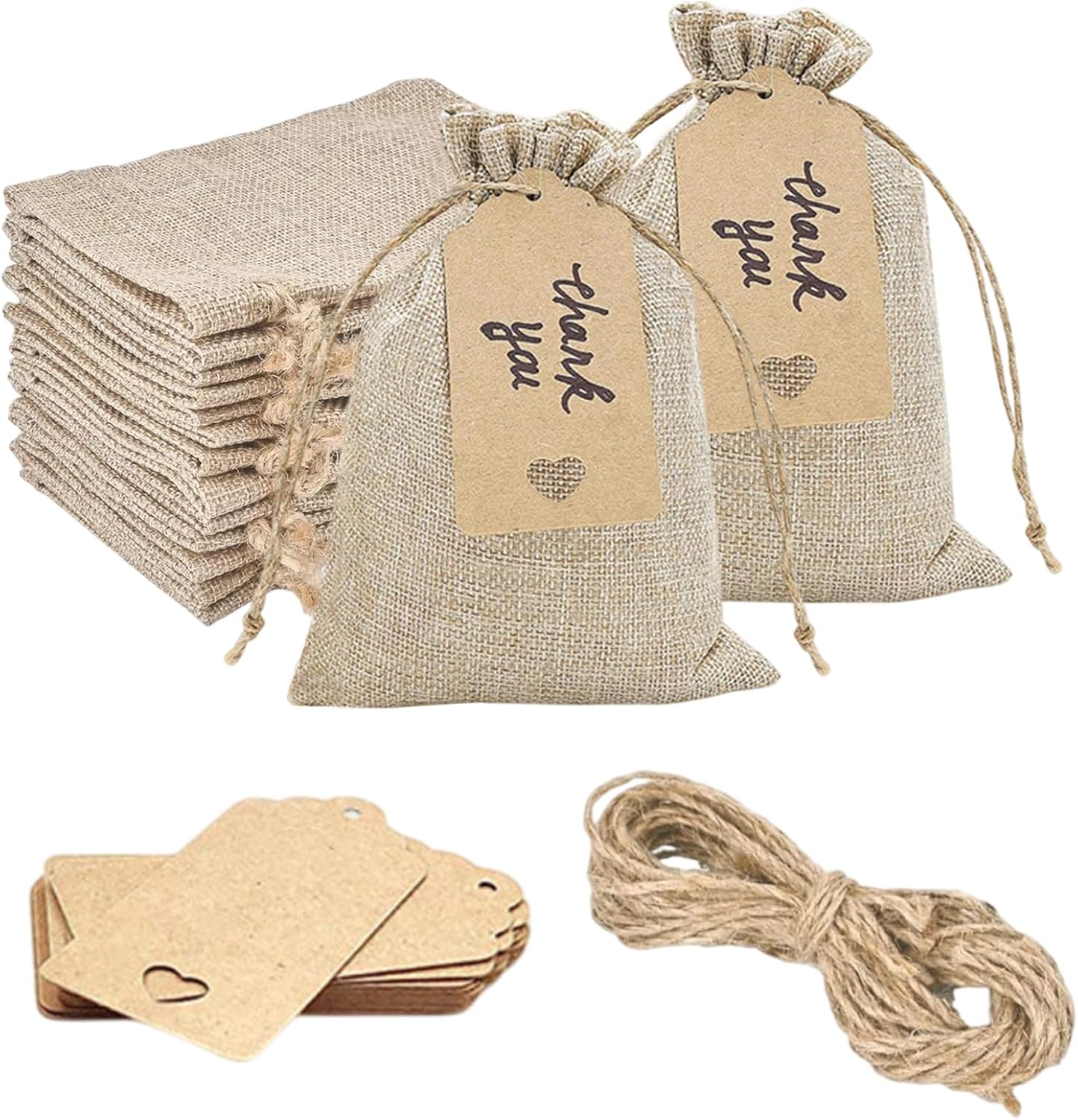 BMMN 50pcs Premium Burlap Gift Bags with Drawstring and Gift Tags, 4x6In