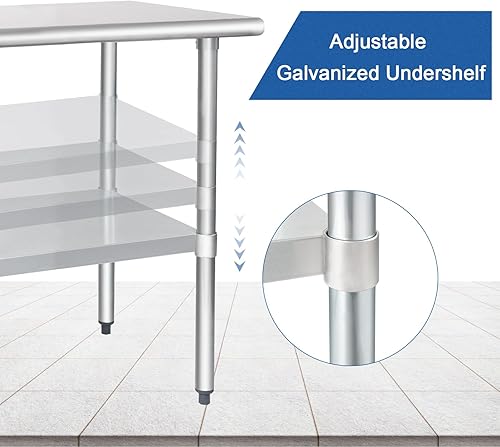 Miniatura 4 de HARDURA Mesa de acero inoxidable de 30 x 72 pulgadas con estante inferior y patas galvanizadas, mesa de metal comercial resistente NSF para